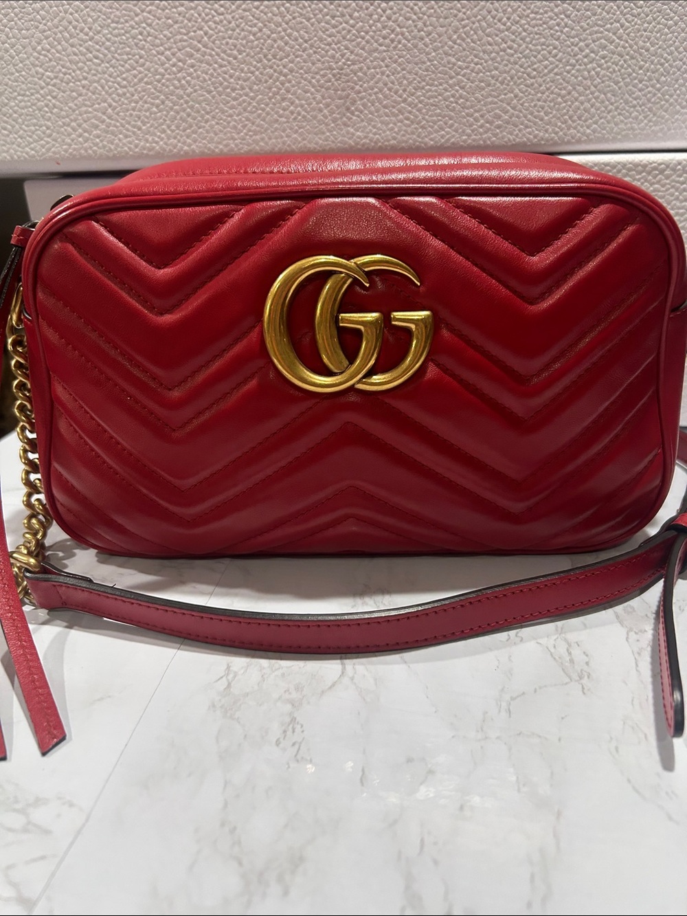 Gucci GG Marmont Small Matelassé Red Leather Camera Crossbody Bag